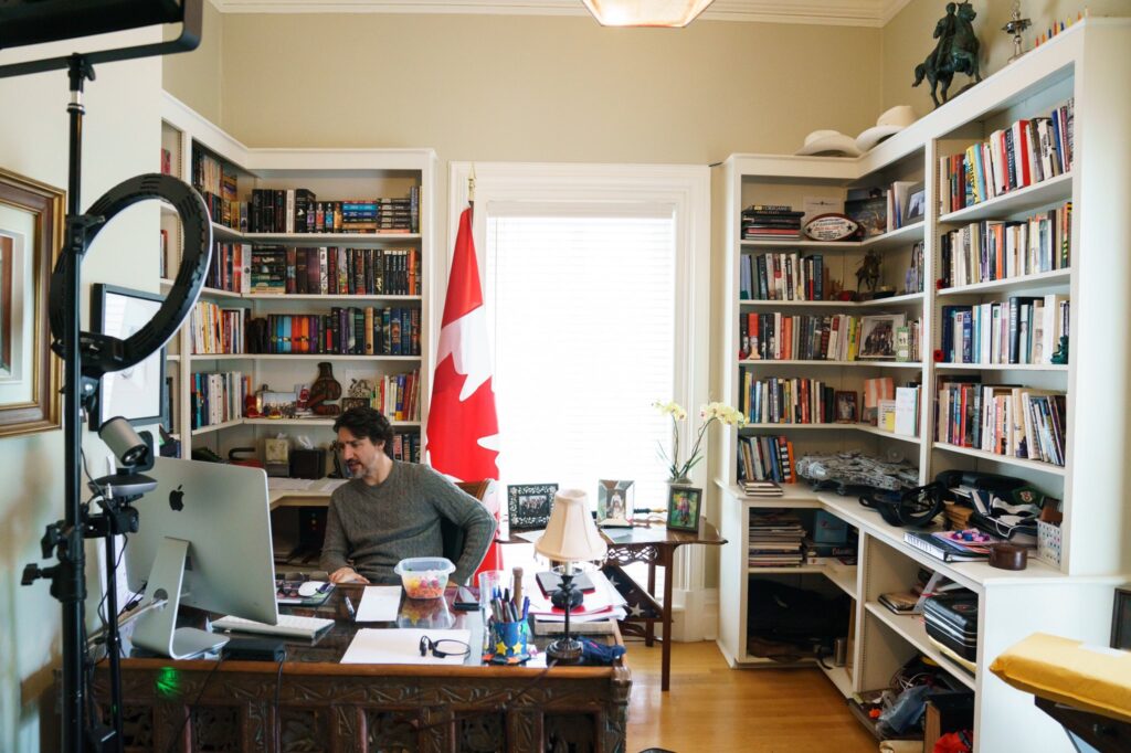 Justin Trudeau communicating from his home office