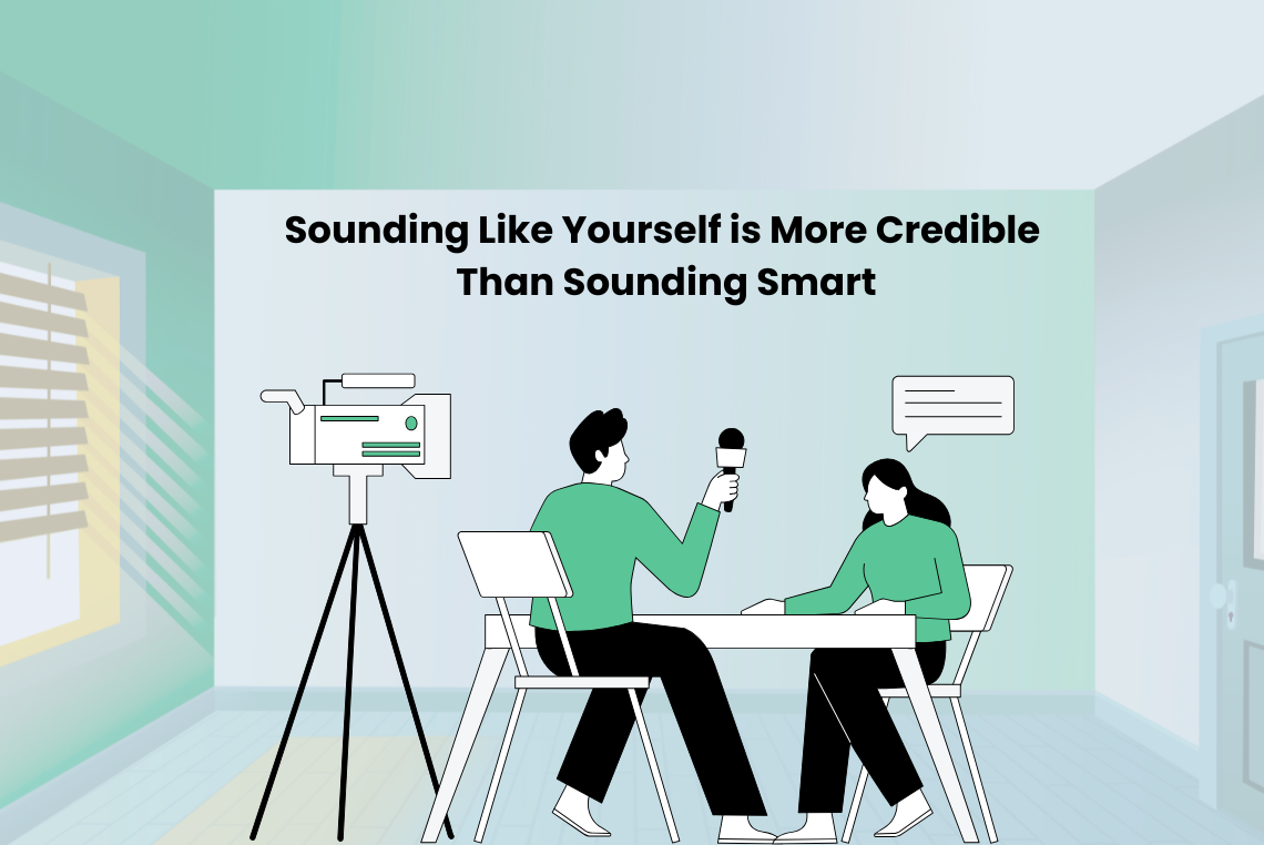 Illustration of an interview setup with a camera and two people talking, representing authentic communication and the importance of sounding like yourself rather than sounding overly smart in B2B content.