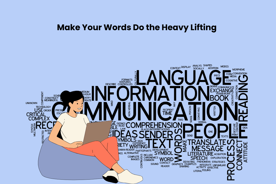 Illustration of communication and language word cloud showing how words influence understanding and B2B messaging effectiveness