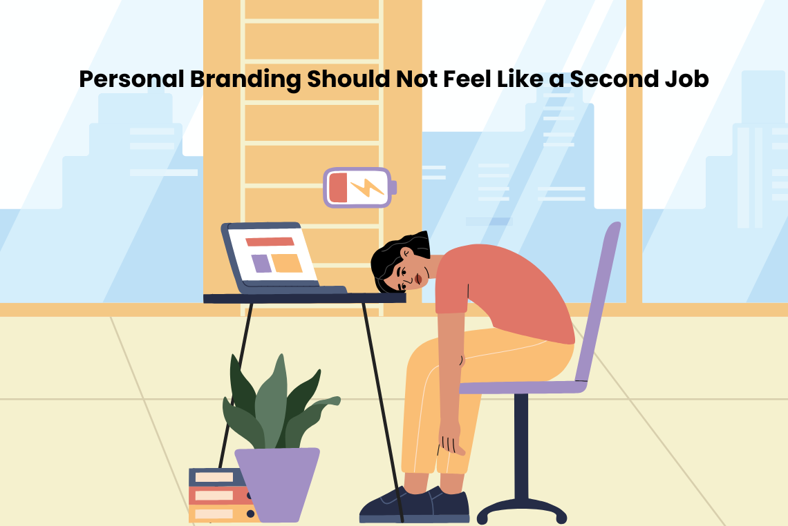 Illustration of a tired professional sitting at a desk with a low battery symbol, representing personal branding burnout and content fatigue.