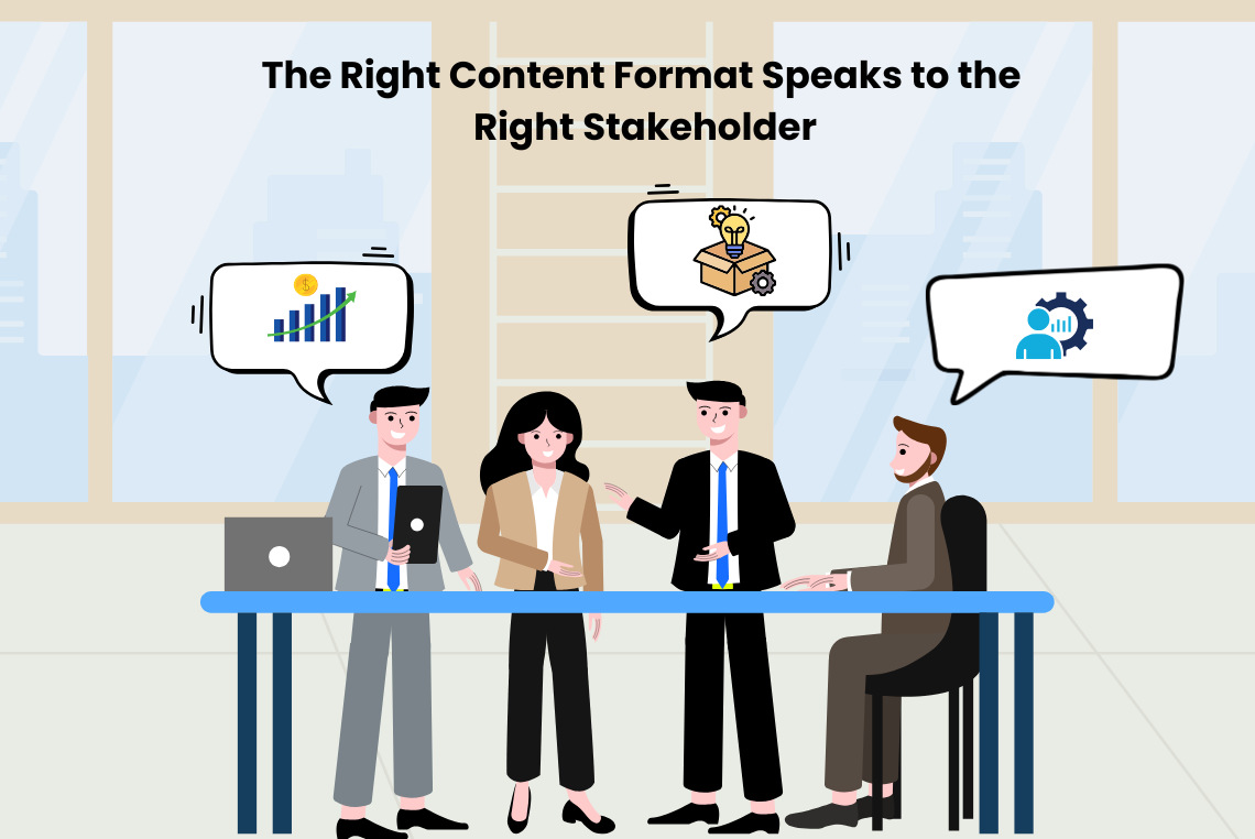 Illustration of stakeholders in an ABM campaign discussing different content priorities, including ROI, implementation, and business strategy.