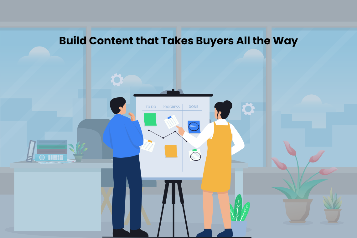 B2B content planning visual showing a team organizing tasks on a board to build content that supports buyers from awareness to decision stage.