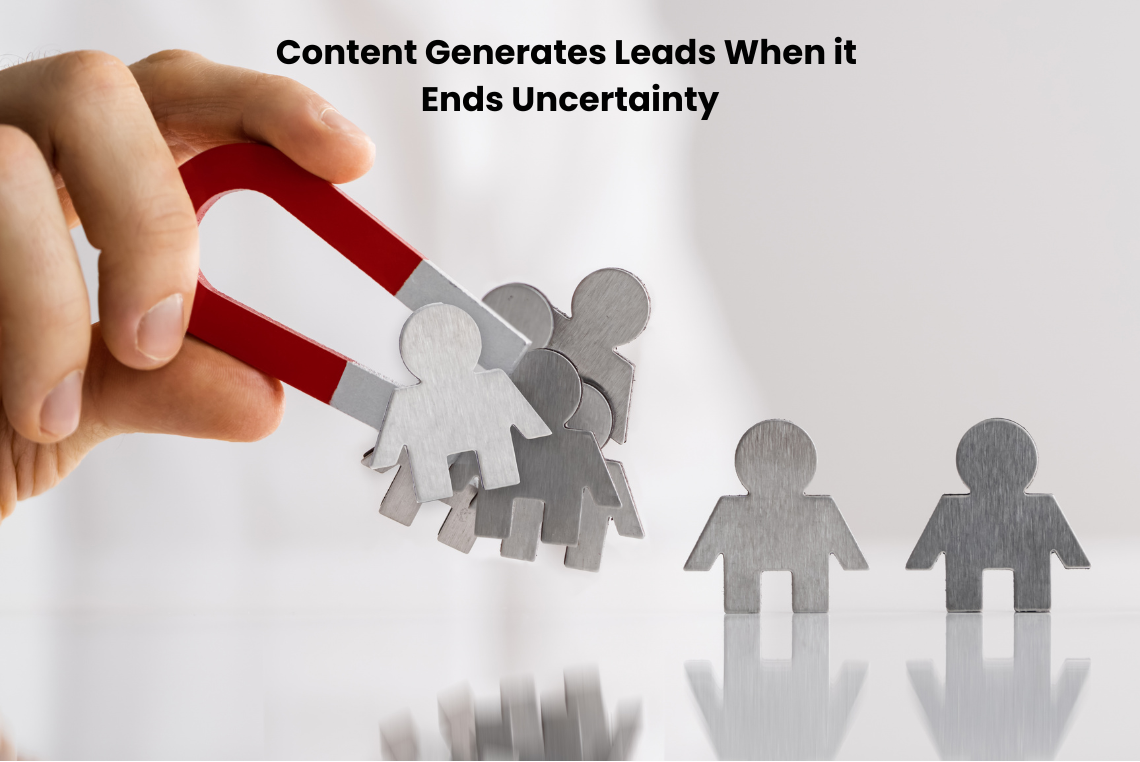 A magnet attracting metal figures to represent content that generates leads by reducing buyer uncertainty and building trust before conversion.