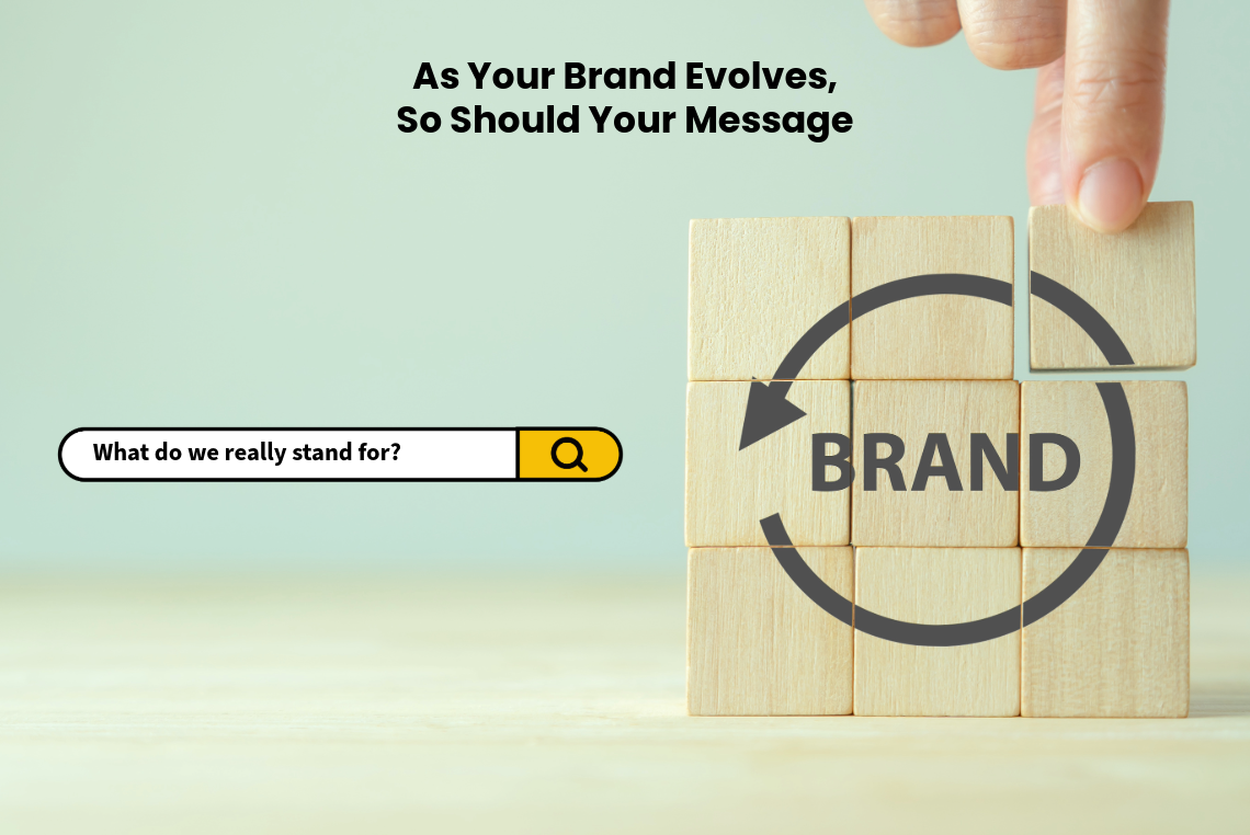 Brand messaging refresh concept showing a search bar asking "What do we really stand for?" beside a brand identity refresh illustration, highlighting the need to align messaging with business growth.